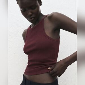 Mango Chocolate Brown Ribbed High Neck Tank Top